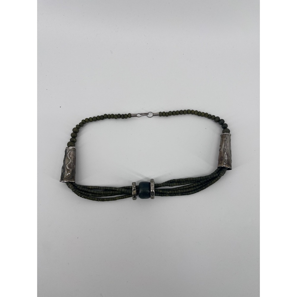 Boho Multi Strand Olive Green Seed Bead Necklace Silver Tone Tribal Cones